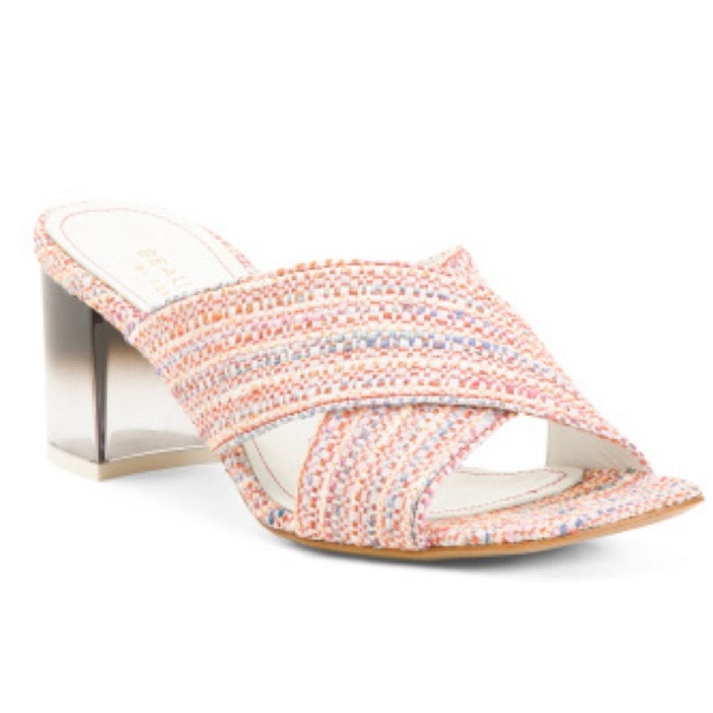 Woven Pink Multicolor Slide Sandal with Block Heel